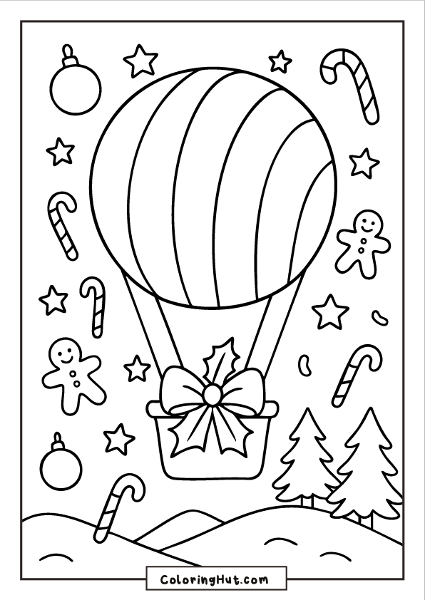A striped hot air balloon decorated with a gift bow floating above snowy hills, surrounded by candy canes, stars, ornaments, and gingerbread cookies.