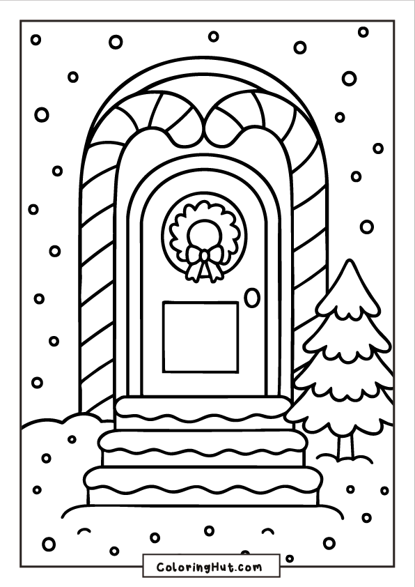 A whimsical house entrance framed by candy cane stripes, with snowy steps, a wreath on the door, and a pine tree beside it.