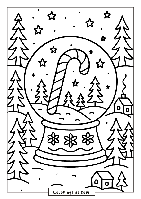 A large candy cane standing inside a snow globe filled with tiny trees and stars, surrounded by snowy hills, pine trees, and small winter houses.