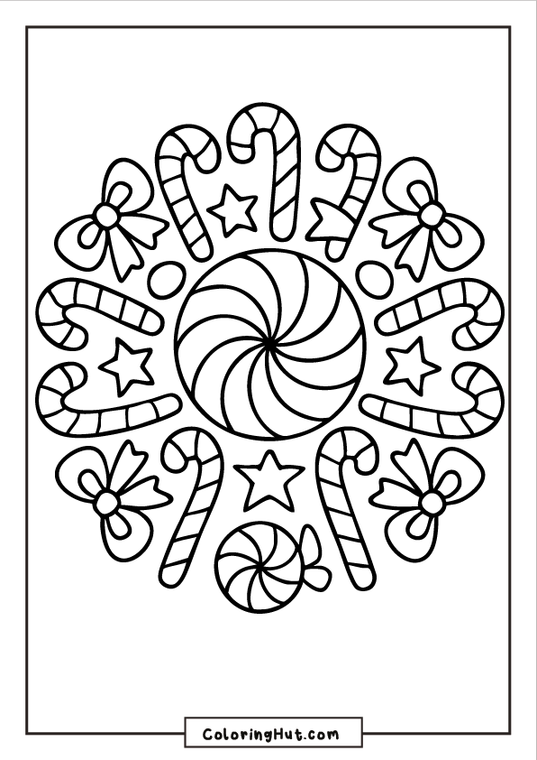 A detailed mandala made of candy canes, bows, stars, and peppermint candies arranged in a symmetrical circular pattern.