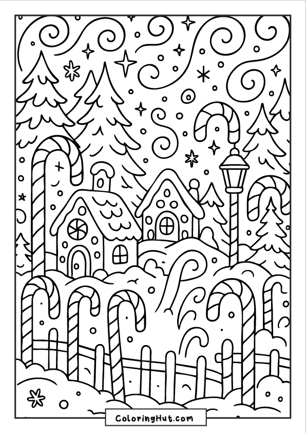 A whimsical snowy village filled with candy cane lampposts, swirling winter winds, cozy houses, pine trees, and falling snow.