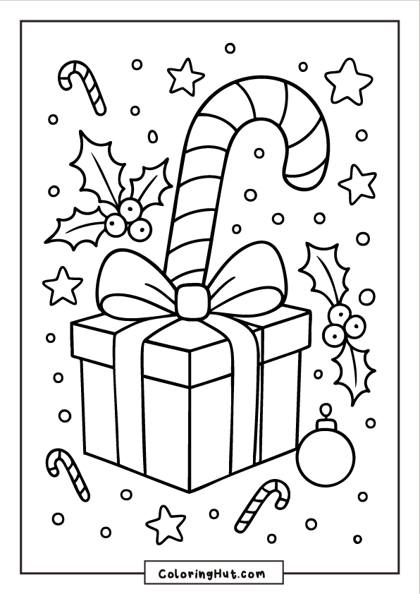 A large candy cane standing inside a wrapped gift box with a bow, surrounded by holly leaves, ornaments, stars, and falling snow.