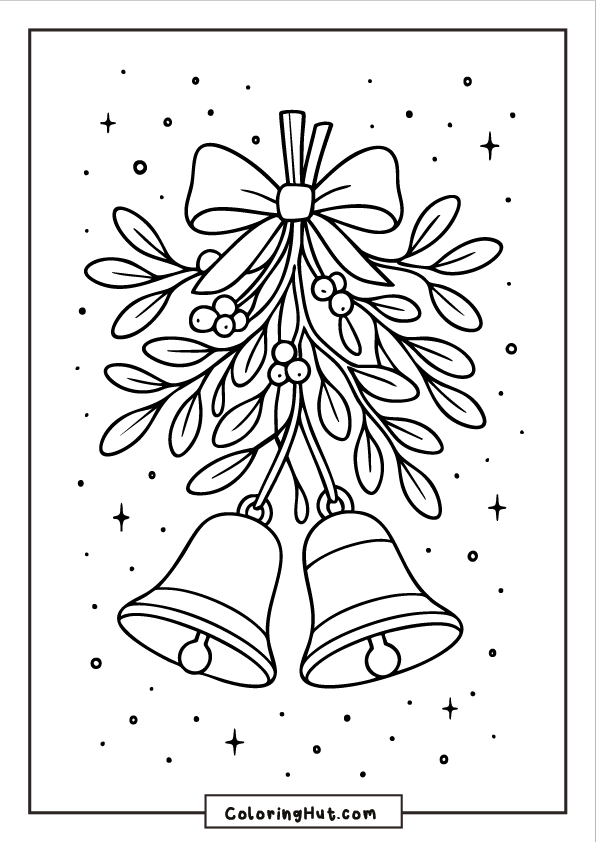 Two Christmas bells hanging from a mistletoe bundle decorated with berries, leaves, and a ribbon, surrounded by small stars and dots.