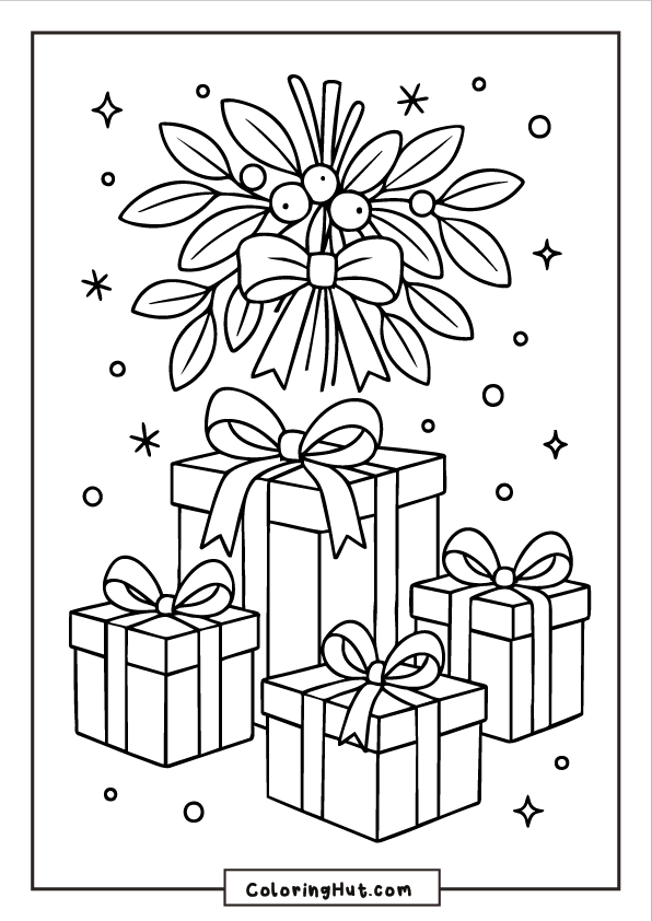 A group of wrapped Christmas presents topped with bows, placed beneath a mistletoe bundle with leaves and berries.