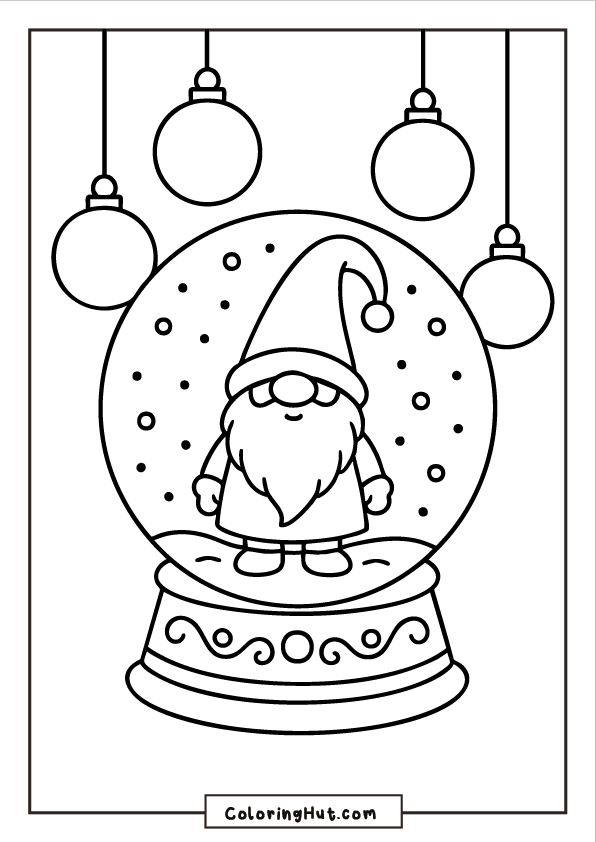 A snow globe containing a cute Christmas gnome with a long hat, set beneath hanging ornaments and falling snow.