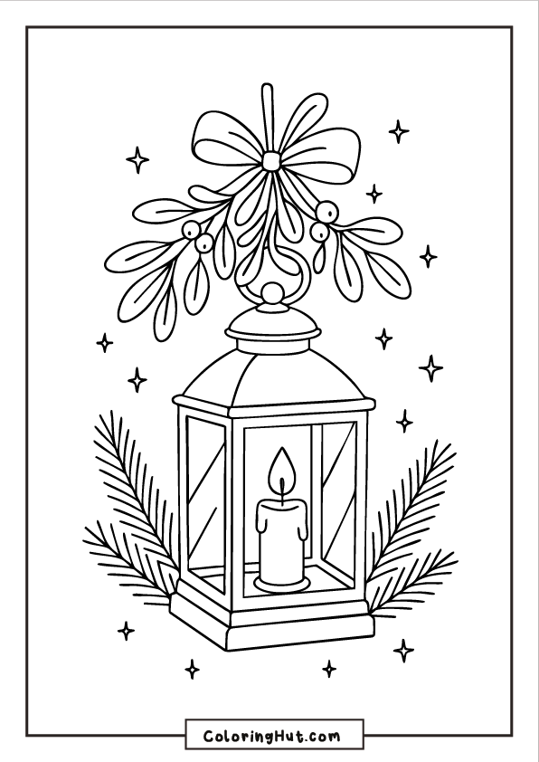 A decorative lantern with a lit candle, topped with mistletoe and surrounded by pine branches and small star accents.