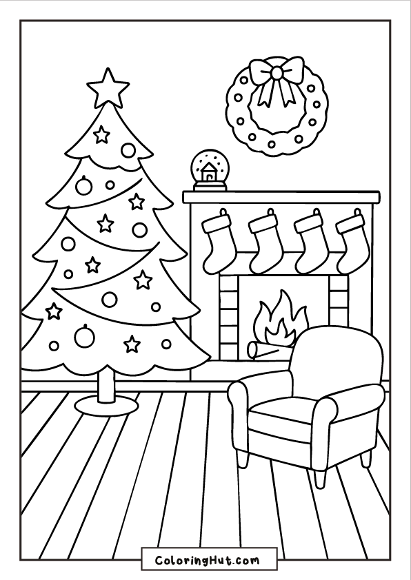 A festive living room scene with a decorated Christmas tree, a fireplace with stockings, a wreath, and a cozy armchair.