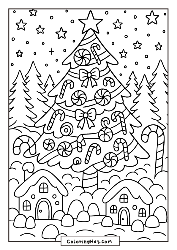 A whimsical Christmas tree filled with candy canes and peppermint swirls, surrounded by snowy gingerbread-style houses and pine trees.