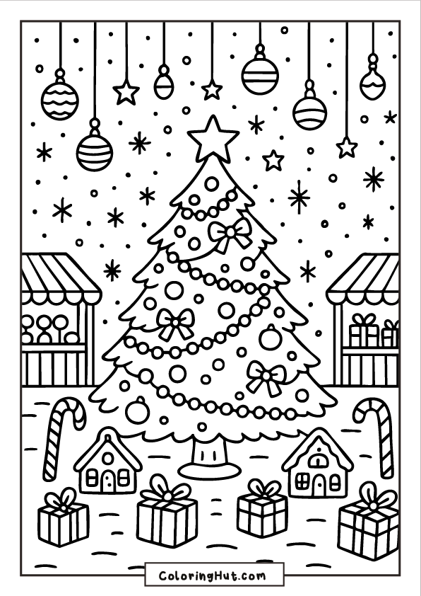 A large decorated Christmas tree surrounded by market stalls, gingerbread houses, candy canes, gifts, ornaments, and falling snow.