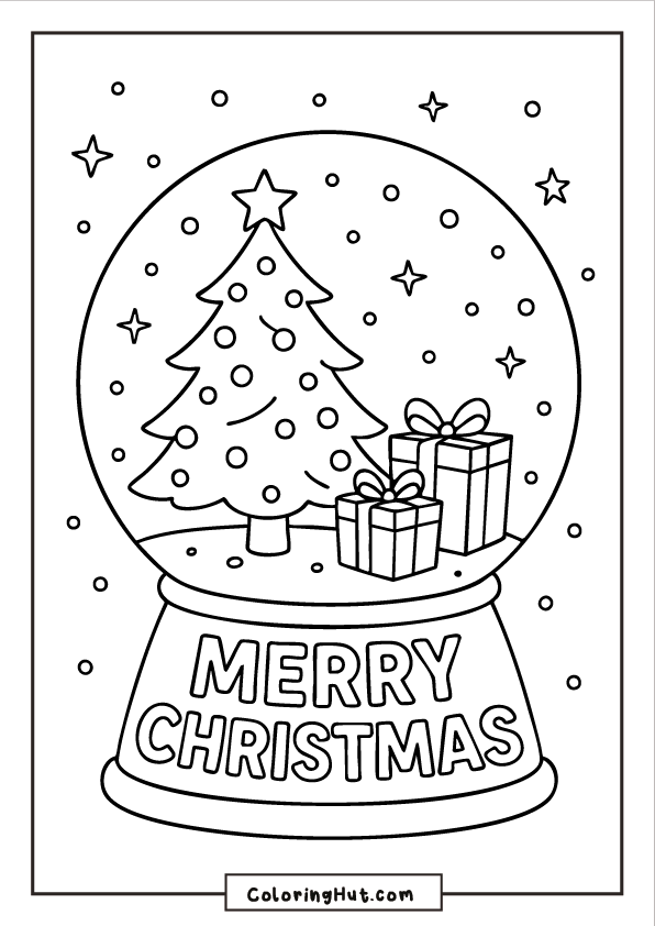 A snow globe with a decorated Christmas tree and wrapped gifts, with “Merry Christmas” on the base and stars in the background.