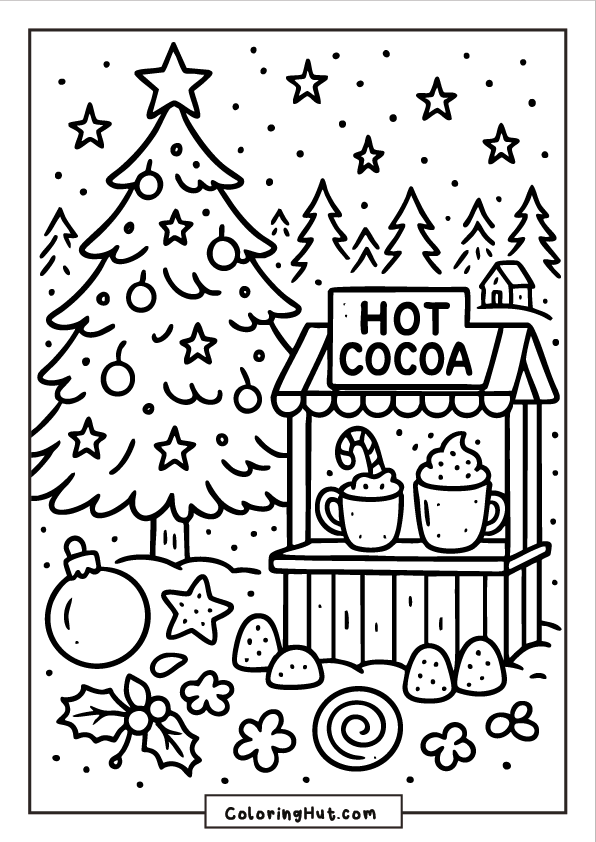 A decorated Christmas tree beside a cozy hot cocoa stand with steaming mugs, candy canes, ornaments, holly, and snowy forest scenery.