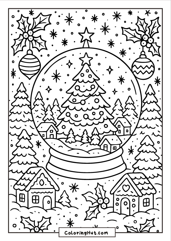 A snow globe featuring a Christmas tree and small village houses, surrounded by holly leaves, ornaments, and a snowy forest background.