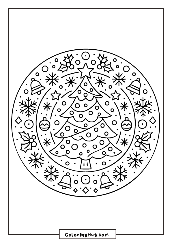 A circular mandala featuring a central Christmas tree surrounded by ornaments, bells, stars, and snowflakes arranged in repeating patterns.