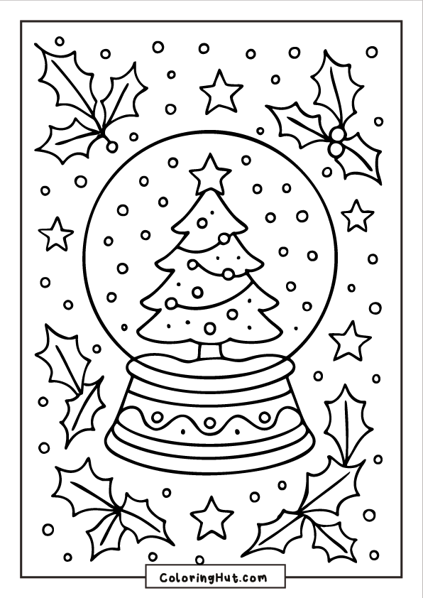 A snow globe featuring a decorated Christmas tree surrounded by holly leaves, stars, and falling snow in a festive border.