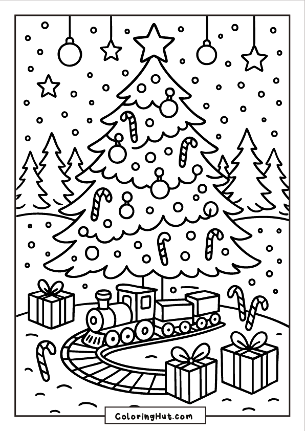 A decorated Christmas tree with candy canes and ornaments, with a toy train circling presents at the base and snowy pine trees behind.