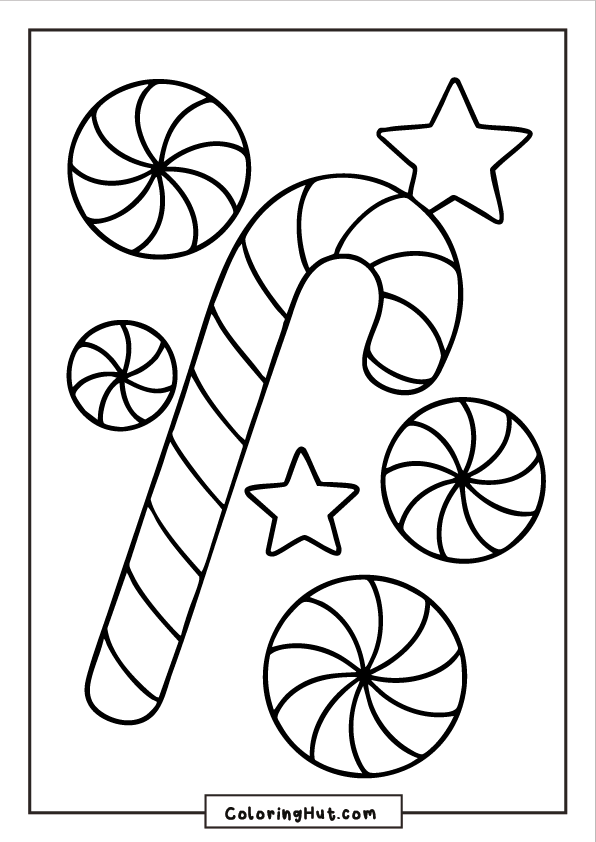 A striped candy cane surrounded by peppermint swirl candies and stars on a simple background.