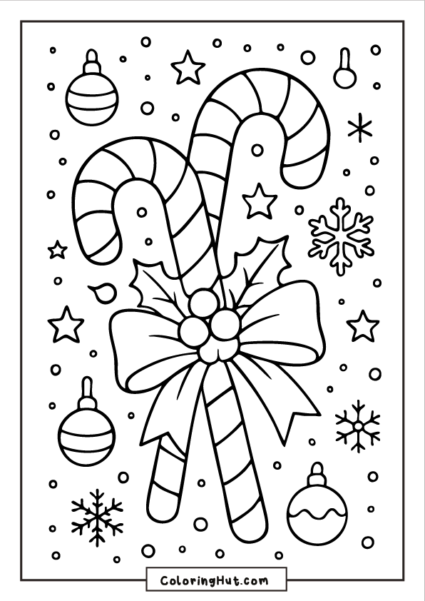 Two candy canes tied with a big bow and holly leaves, surrounded by ornaments, snowflakes, stars, and falling snow.