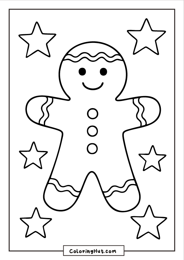 A smiling gingerbread man with icing details on the arms, legs, and head, surrounded by five large stars on a simple background.