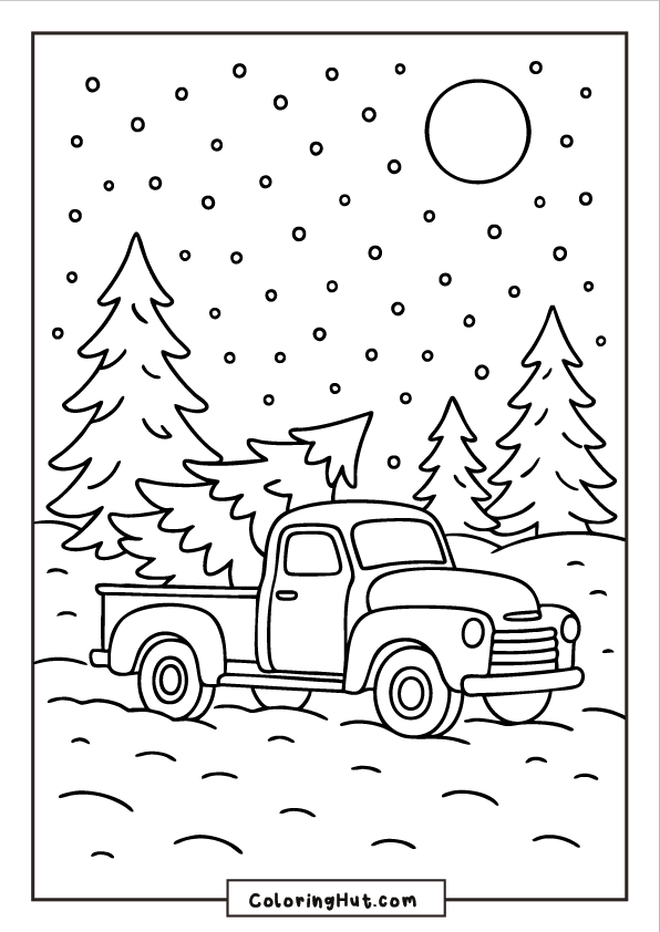 A vintage pickup truck carrying a Christmas tree through a snowy forest at night, with pine trees, falling snow, and a sun.