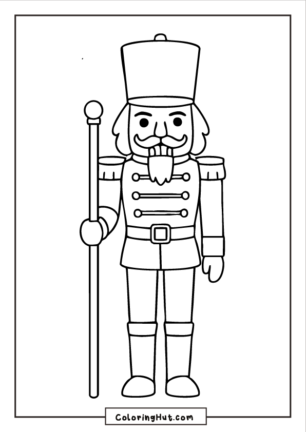 A traditional Nutcracker soldier standing upright and holding a staff, with detailed uniform features and a tall hat.