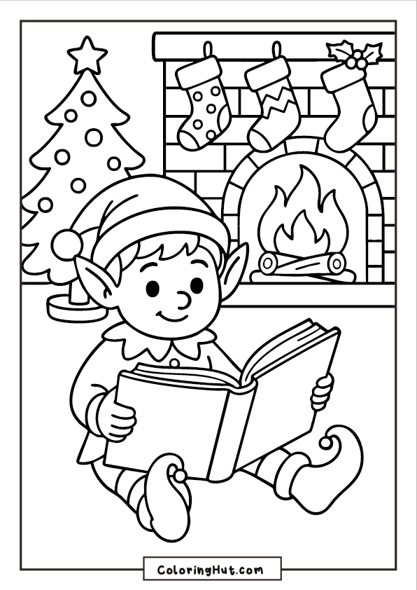 A cheerful elf sitting by a warm fireplace, reading a book beside a decorated Christmas tree and hanging stockings.