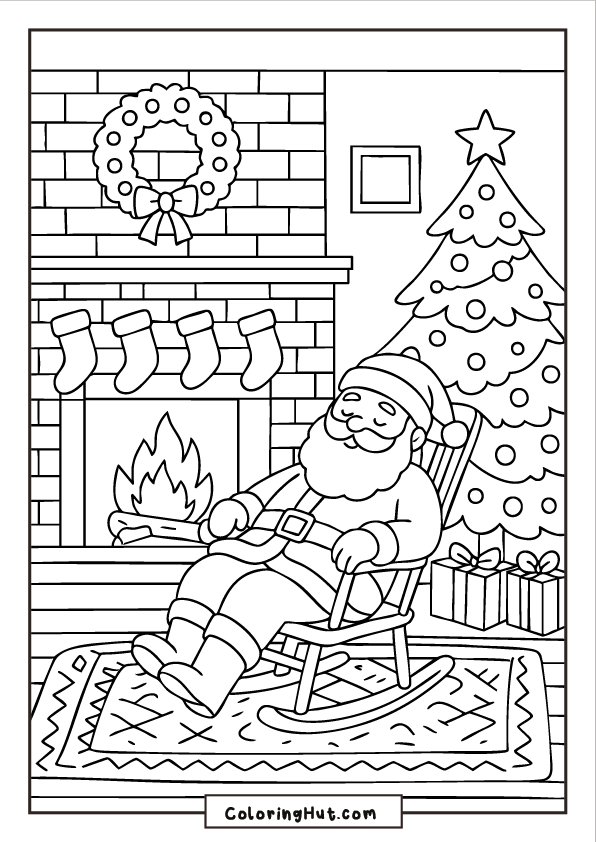 Santa relaxing in a rocking chair beside a glowing fireplace, with a decorated Christmas tree, stockings, and a wreath in the background.