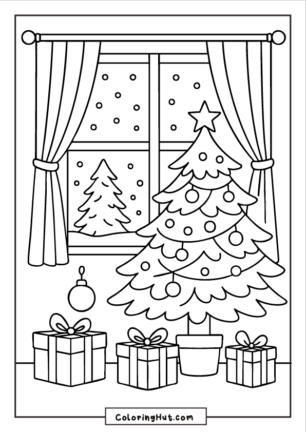 A decorated Christmas tree with wrapped gifts beneath it, standing beside a large window showing snowy trees outside and falling snow.