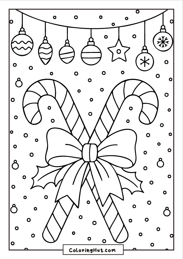 Two candy canes crossed and tied with a ribbon bow, with Christmas ornaments hanging across the top and snow falling around them.