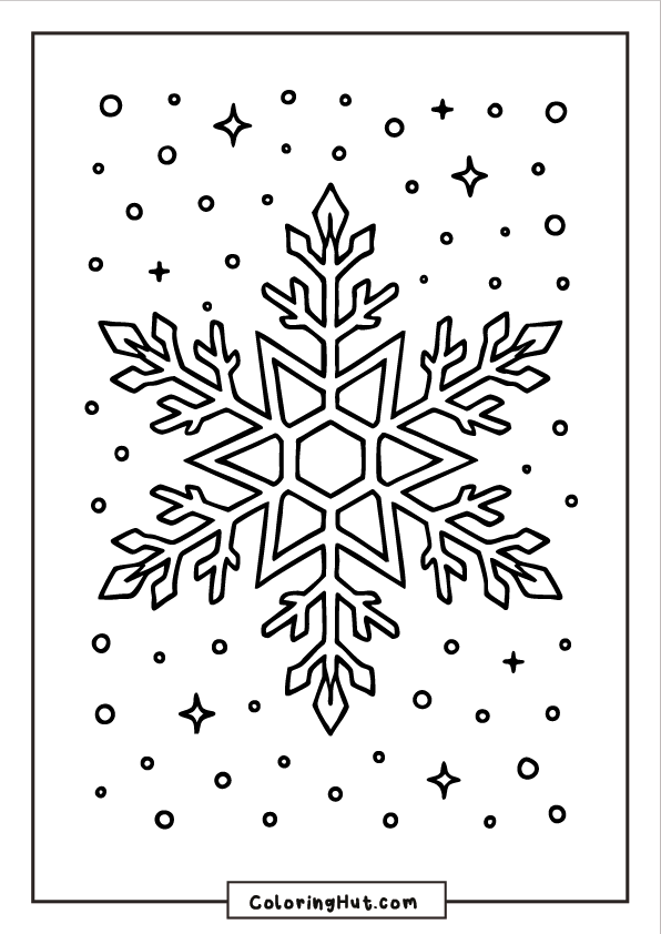 A large detailed crystal-style snowflake centered on the page, surrounded by tiny dots and star shapes.