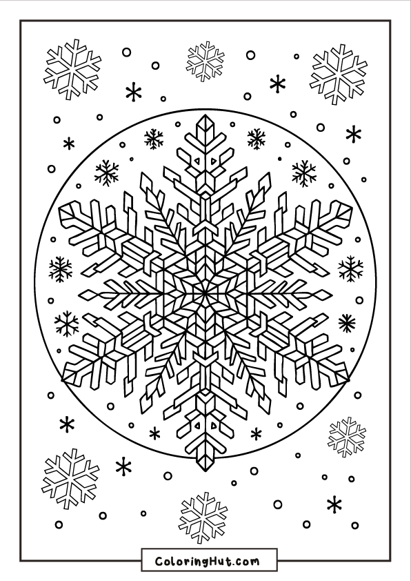 A detailed mandala-style circular snowflake design with intricate repeating branches, surrounded by smaller snowflakes and dots.