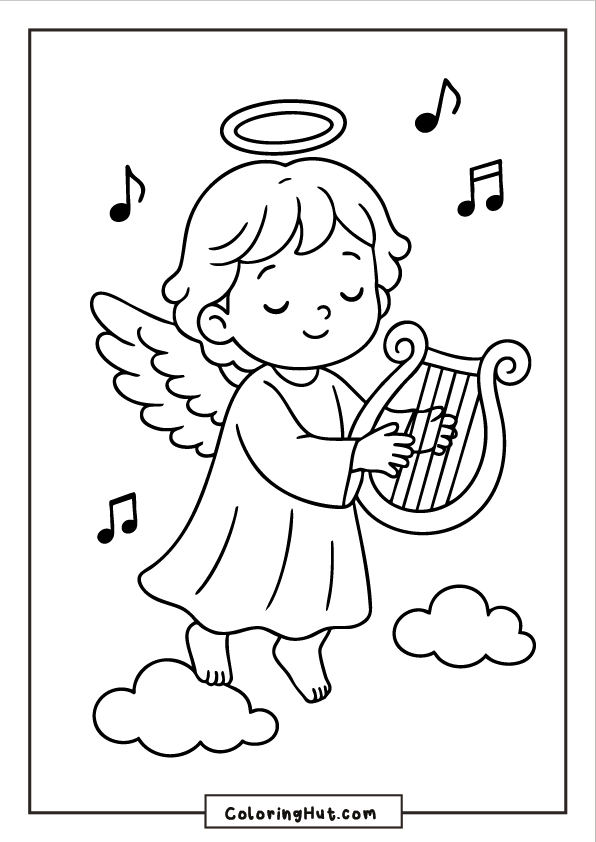 A sweet angel floating among small clouds while gently playing a harp, with musical notes surrounding the character.