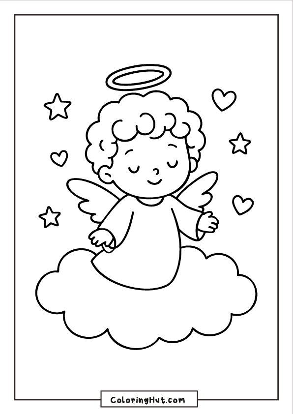 A smiling baby angel with curly hair sitting on a cloud, surrounded by hearts and stars.