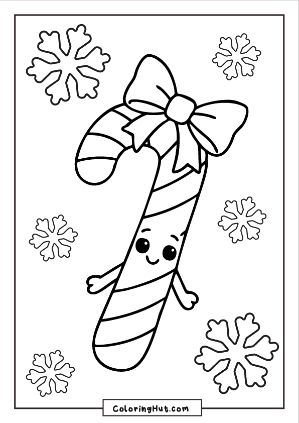 A smiling candy cane character with a big bow on top, small arms, and snowflakes arranged around it.