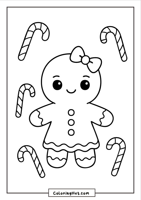 A sweet gingerbread girl with a bow, icing trim, and button details, surrounded by multiple candy canes in a festive layout.
