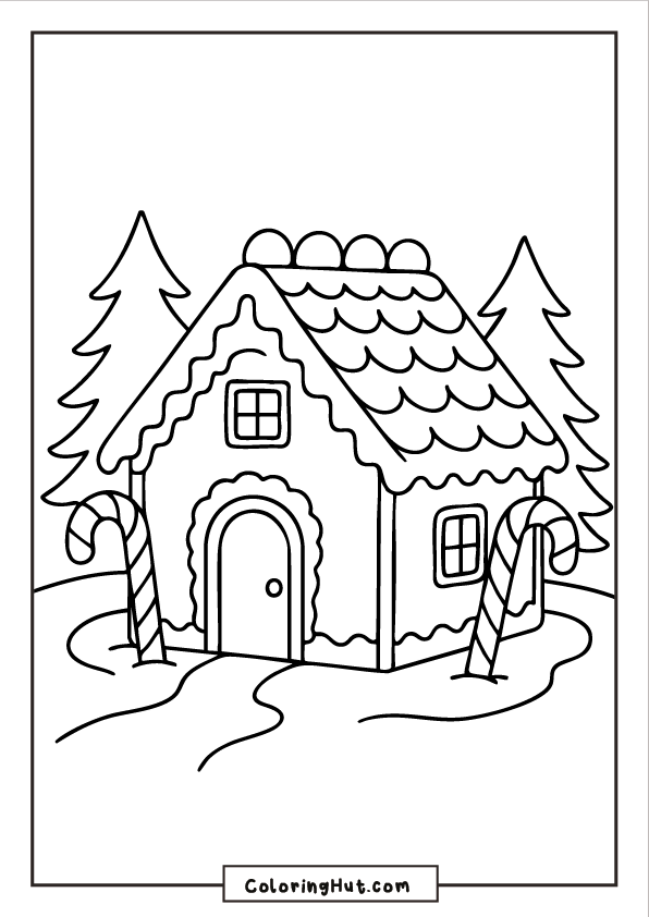 A simple gingerbread house with icing roof details, candy canes at the doorway, and snow-covered pine trees in the background.