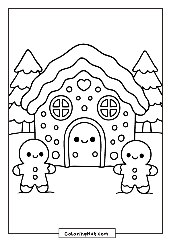 A rounded gingerbread house decorated with dots and icing, with two smiling gingerbread characters standing in front among snowy pine trees.