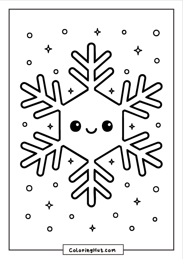 A cute snowflake with rounded branches and a smiling kawaii face, surrounded by tiny stars and dots.