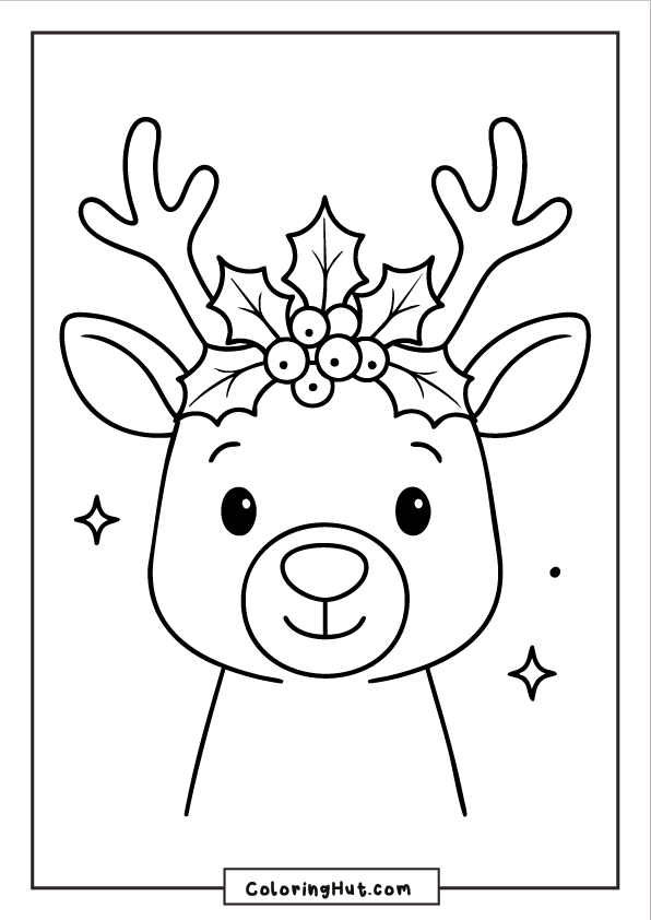 A reindeer face with antlers decorated by holly leaves and berries, shown with small star accents around it.