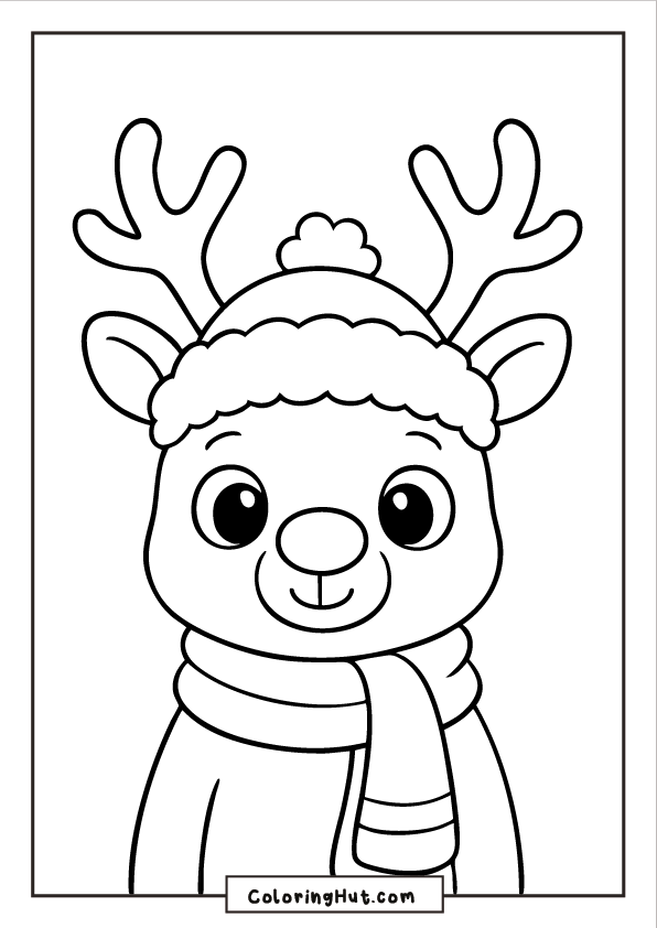 A close-up illustration of Rudolph wearing a winter hat and striped scarf, with large antlers and a friendly expression.