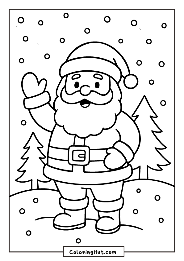 Santa standing outdoors in falling snow, smiling and waving with pine trees behind him.
