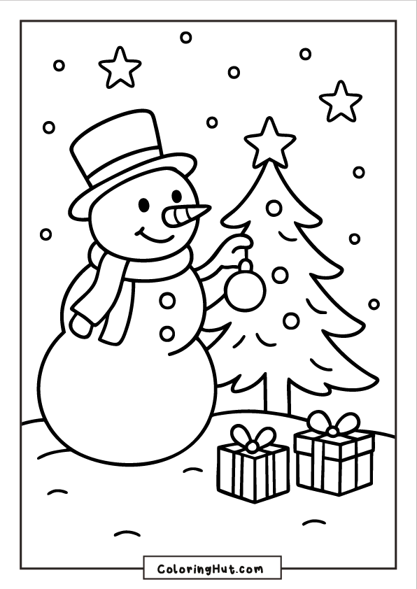 A cheerful snowman in a top hat and scarf placing an ornament on a small Christmas tree, with wrapped gifts and stars around him.