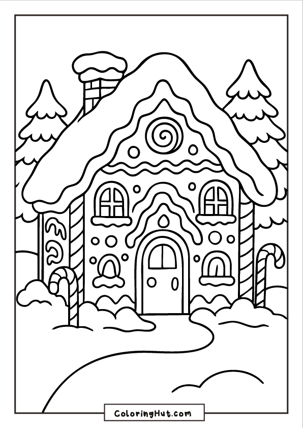 A richly decorated gingerbread cottage with swirls, candy windows, and icing roof patterns surrounded by snowy trees.