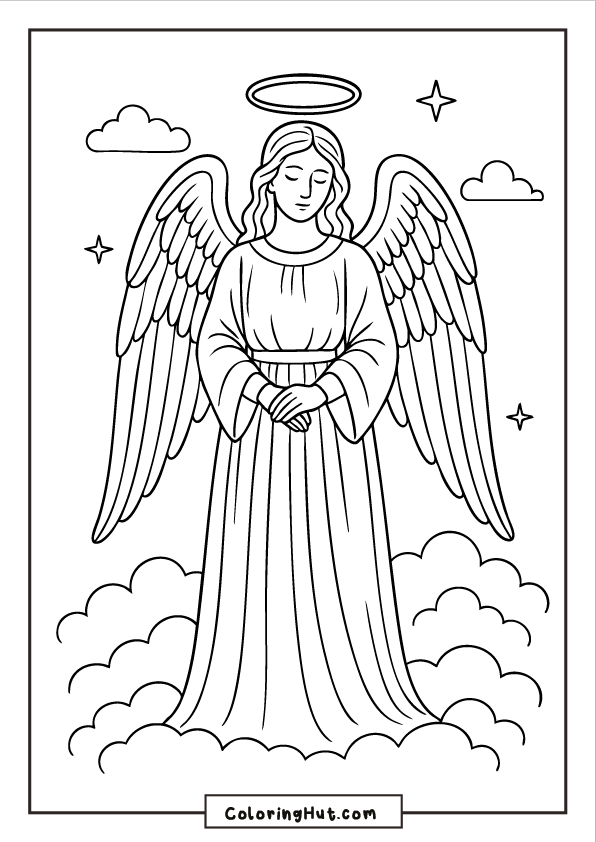 A graceful guardian angel standing on layered clouds with folded hands, large detailed wings, and soft clouds in the sky.