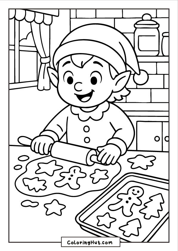 A smiling elf rolling out cookie dough shaped like stars, trees, and gingerbread men in a festive kitchen.