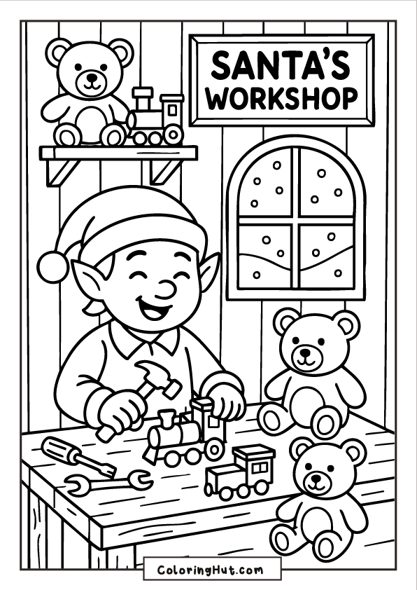 An elf hammering wooden toys on a workbench inside Santa’s workshop, surrounded by teddy bears, tools, and a snowy window