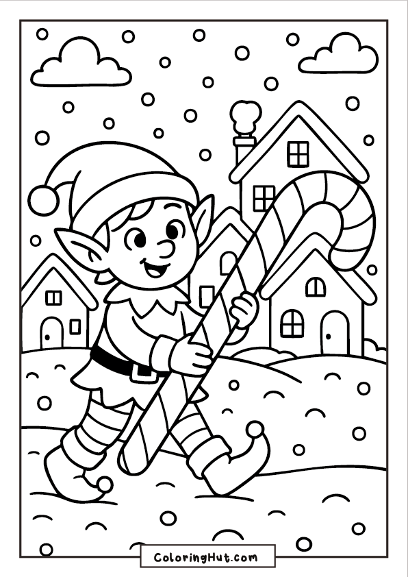 A happy elf walking through a snowy village while carrying an oversized candy cane, with houses and snowflakes in the background.