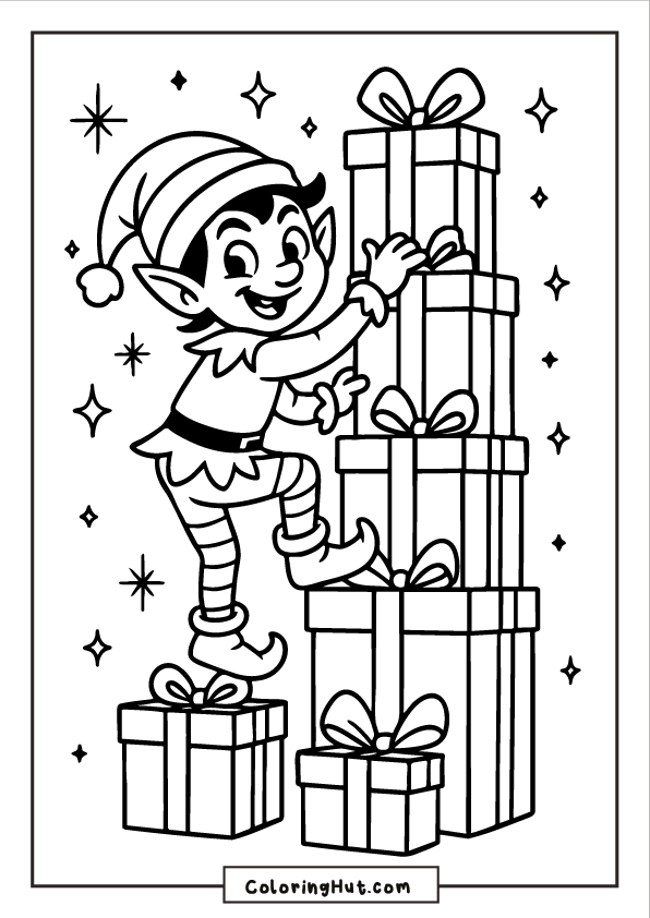A playful elf climbing a tall stack of wrapped presents with bows, with sparkles and stars in the background.