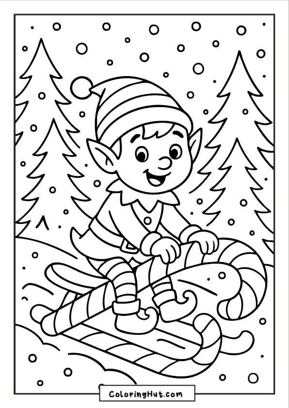 A happy elf riding a candy cane sleigh down snowy hills, surrounded by tall pine trees and falling snow.