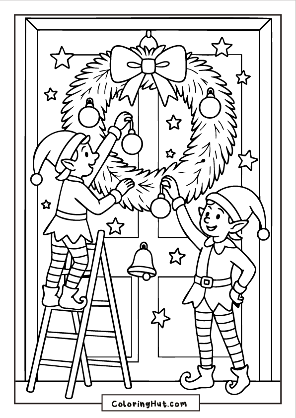 Two cheerful elves decorating a large Christmas wreath on a door, one standing on a ladder and the other hanging ornaments, with stars around them.