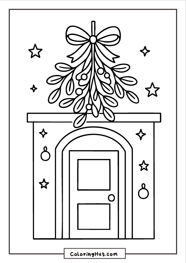 A decorated front door with a large mistletoe bunch hanging above the frame, surrounded by stars and ornament details.